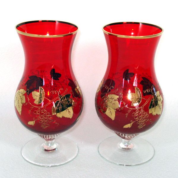 Gold Trim Ruby Glass Pair Goblet Vases #1
