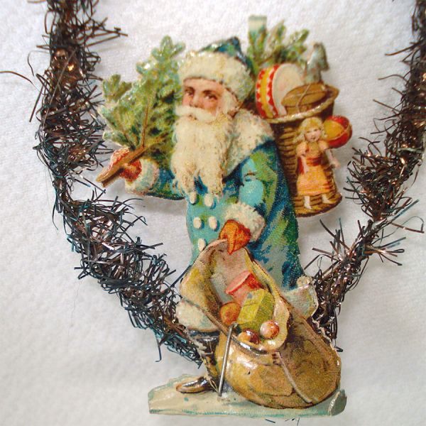 4 Antique Tinsel Paper Scrap Belsnickel Santa Christmas Ornaments #4