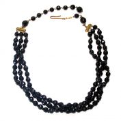Black Glass West Germany Triple Strand Bead Necklace