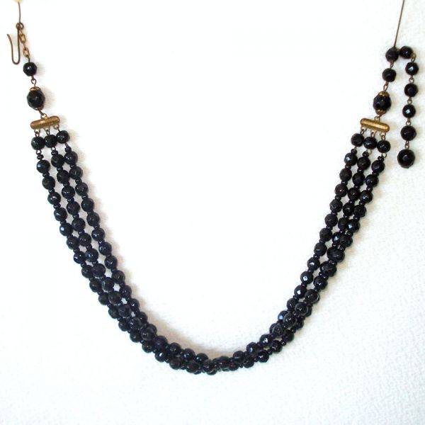 Black Glass West Germany Triple Strand Bead Necklace #3
