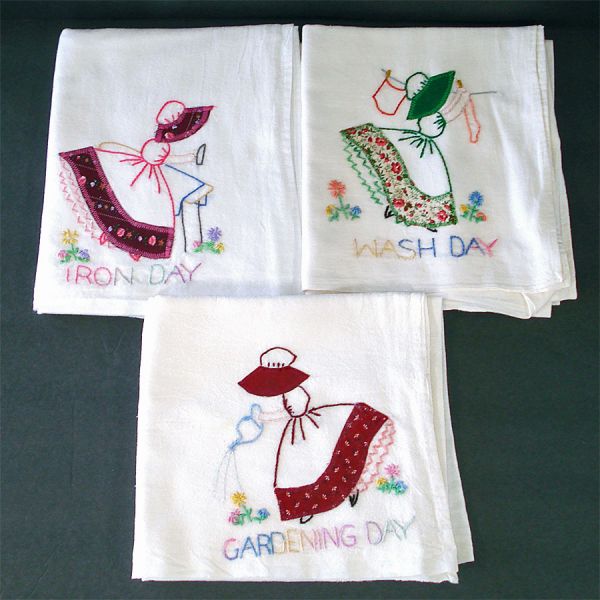 3 Embroidered Appliqued Sunbonnet Girl Kitchen Towels