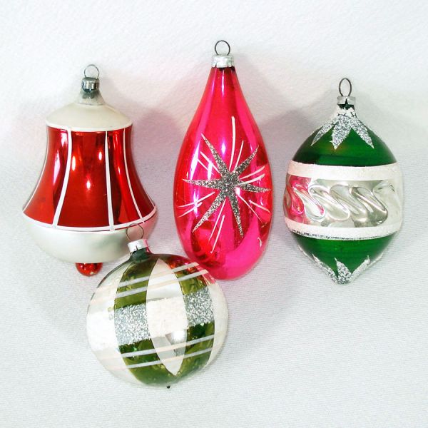 4 West Germany Mica Glitter Shapes Glass Christmas Ornaments