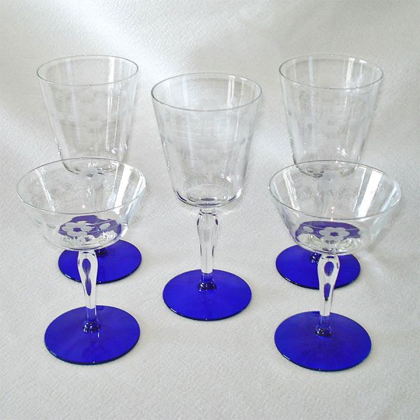 Weston Cobalt Foot Gray Cut Water and Champagne Goblets