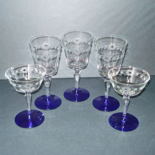 Weston Cobalt Foot Gray Cut Water and Champagne Goblets #2