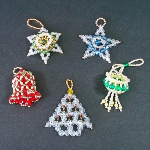 5 Hand Crafted Dimensional Beaded Christmas Ornaments