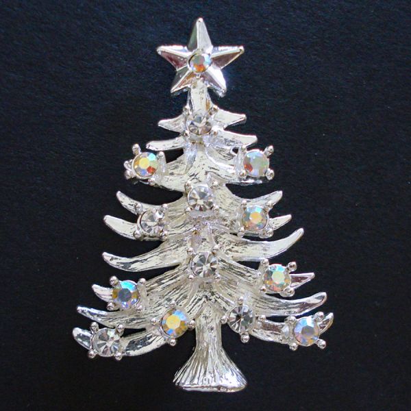 Aurora Rhinestone Silvertone Christmas Tree Pin Brooch #1