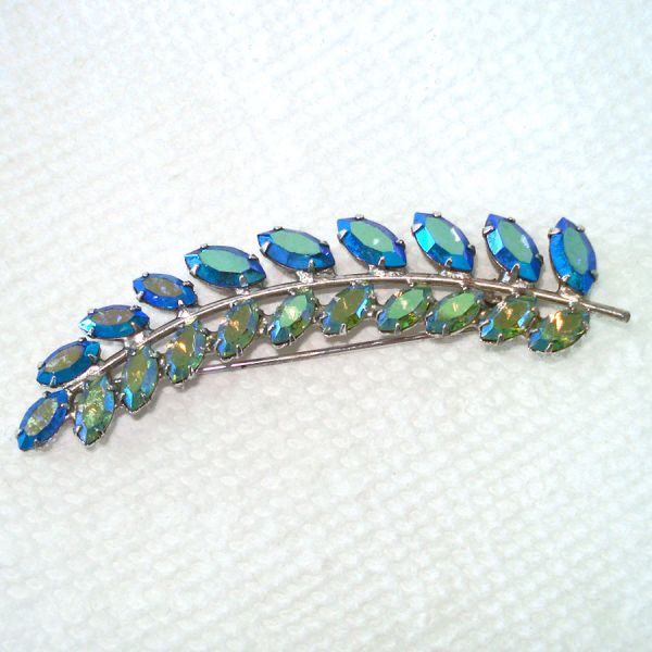 B David Rhinestone Blue Feather Leaf Stem Brooch Pin #1