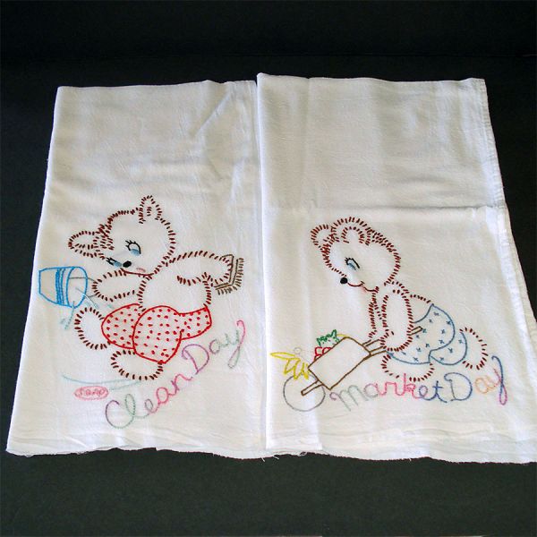 Pair Embroidered Bear Cub Kitchen Towels