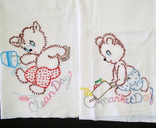 Pair Embroidered Bear Cub Kitchen Towels #2