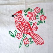 Hand Embroidered Red Birds Kitchen Curtains, 3 Panels