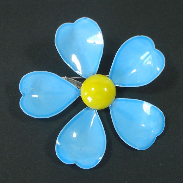Blue Yellow Enameled Metal Flower Pin Brooch #2