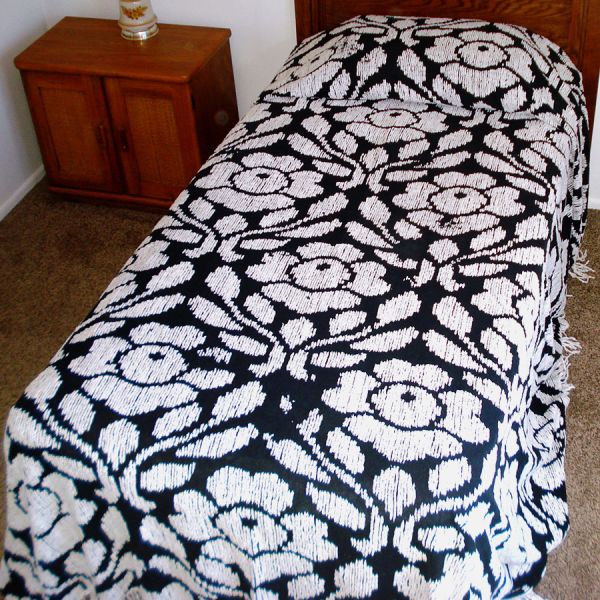 Chenille 1960s Queen Bedspread White on Black Flowers