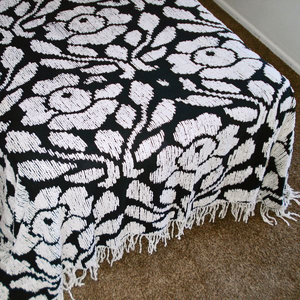Chenille 1960s Queen Bedspread White on Black Flowers #2