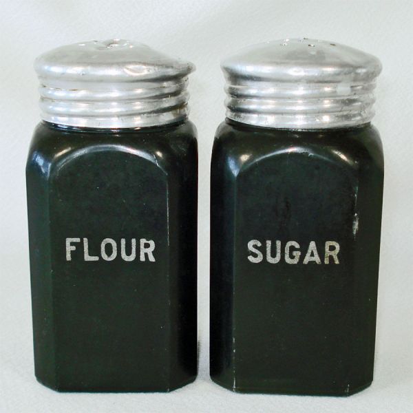 Hazel Atlas Square Fired-On Black Flour Sugar Shakers