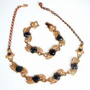 Black Glass Stones in Linked Leaf Setting Demi Parure Necklace and Bracelet