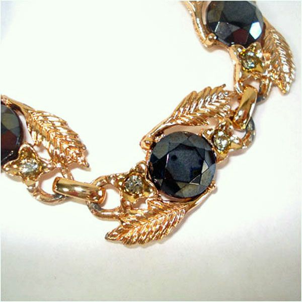 Black Glass Stones in Linked Leaf Setting Demi Parure Necklace and Bracelet #4
