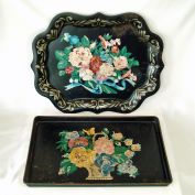 1950s Floral Paint By Number Metal Tole Trays Pair
