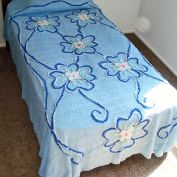 Flowered Blue 1950s Chenille Bedspread Twin Size