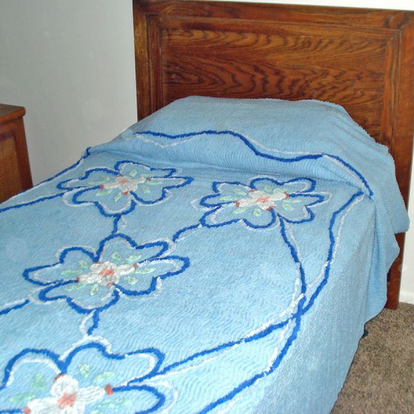 Flowered Blue 1950s Chenille Bedspread Twin Size #2