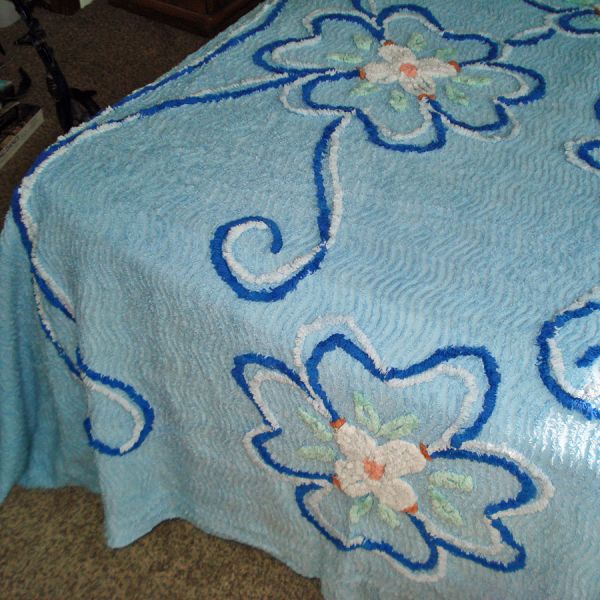 Flowered Blue 1950s Chenille Bedspread Twin Size #3