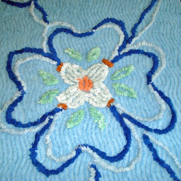 Flowered Blue 1950s Chenille Bedspread Twin Size #4