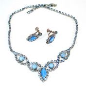 Blue Rhinestone and Moonglow Necklace Earrings Set