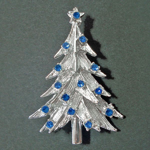 Blue Rhinestones Silvertone Christmas Tree Brooch Pin #1