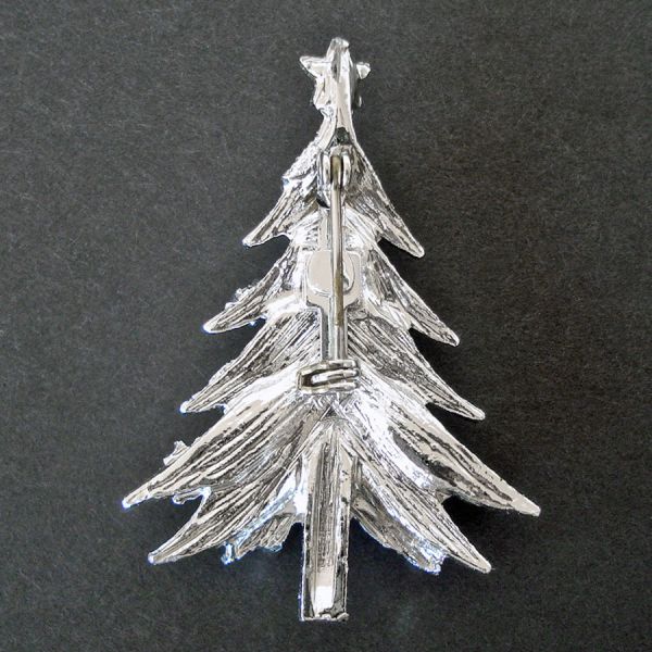Blue Rhinestones Silvertone Christmas Tree Brooch Pin #2