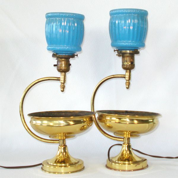 Pair Brass Planter Table Lamps Blue Glass Shades