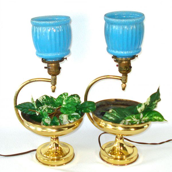 Pair Brass Planter Table Lamps Blue Glass Shades #2