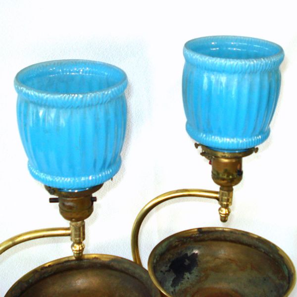 Pair Brass Planter Table Lamps Blue Glass Shades #3