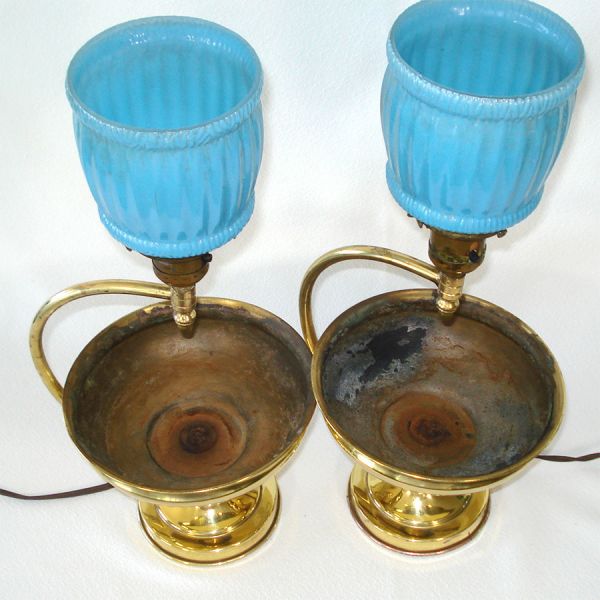 Pair Brass Planter Table Lamps Blue Glass Shades #4