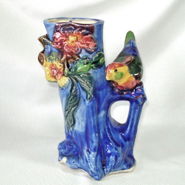 Bird on Flowered Tree Stump Pottery Vase Planter #2