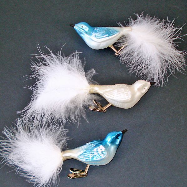 Blue White 3 Clip On Bird Christmas Ornaments Feather Tails #3