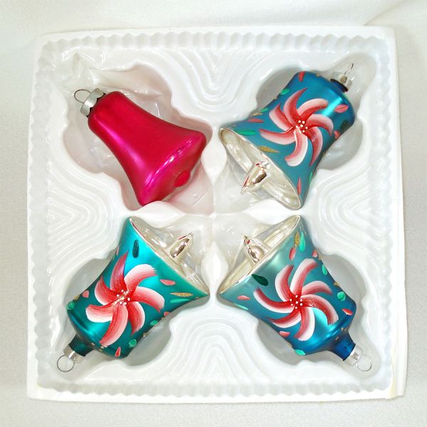 Box Bradford Blown Glass Bell Christmas Ornaments Painted Flowers #2