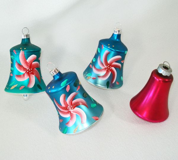 Box Bradford Blown Glass Bell Christmas Ornaments Painted Flowers #3