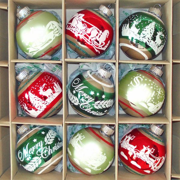 Radko Shiny Brite Box Stencil Scene Glass Christmas Ornaments #2