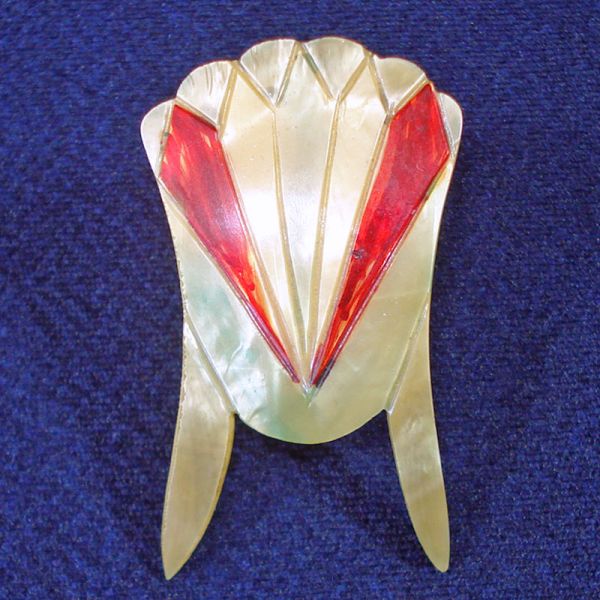 Art Deco Incised Celluloid Winged Fan Shield Brooch Pin #1