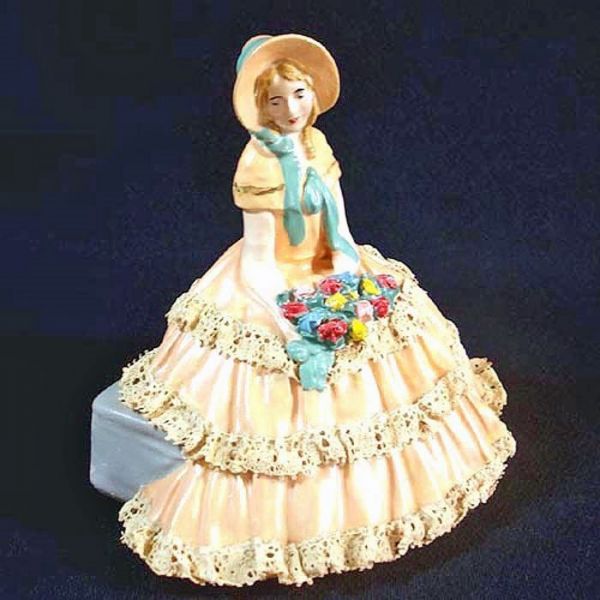 Realistic Chalkware Figurine Victorian Sunbonnet Lady Lace Dress #2