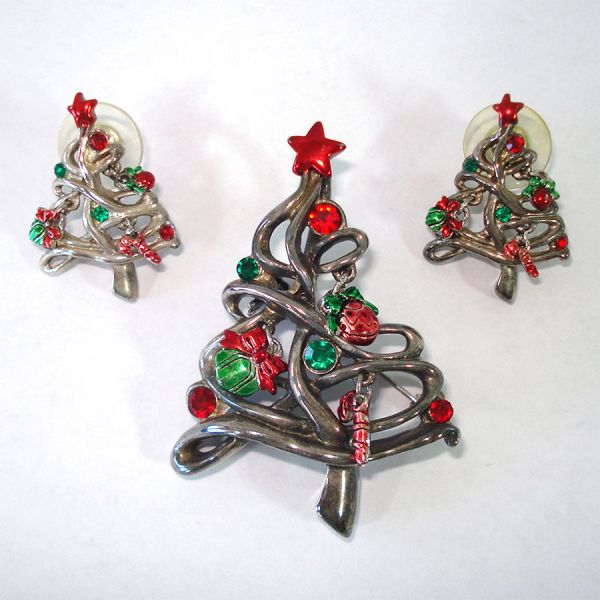 Christmas Tree Rhinestone Brooch Earrings Set With Charms #1