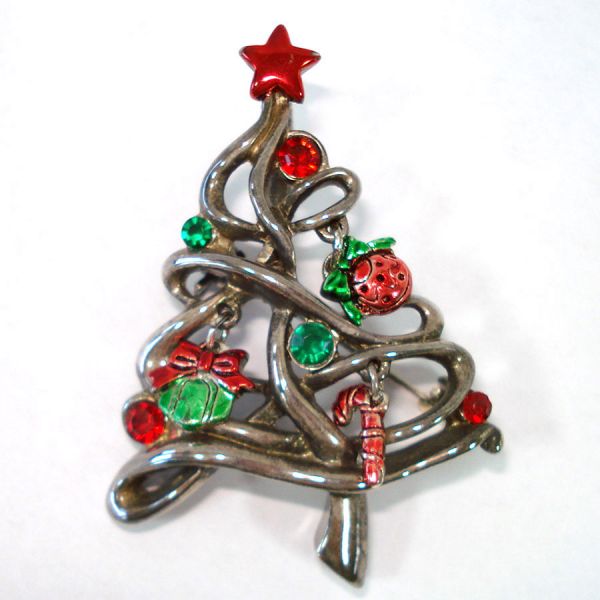 Christmas Tree Rhinestone Brooch Earrings Set With Charms #2