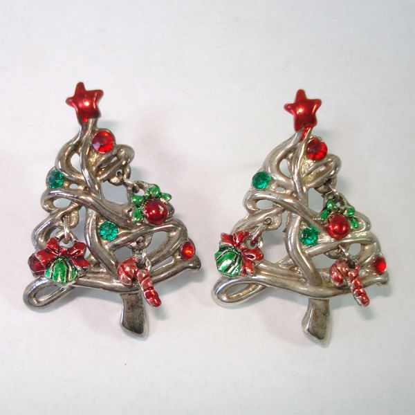 Christmas Tree Rhinestone Brooch Earrings Set With Charms #3