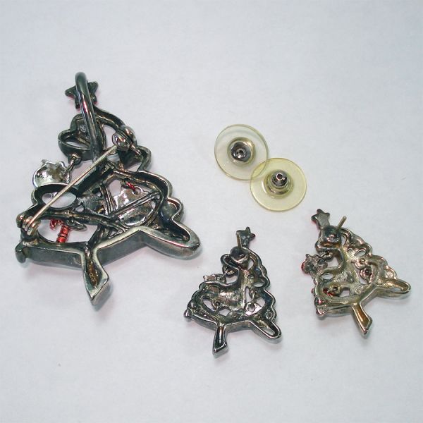 Christmas Tree Rhinestone Brooch Earrings Set With Charms #4