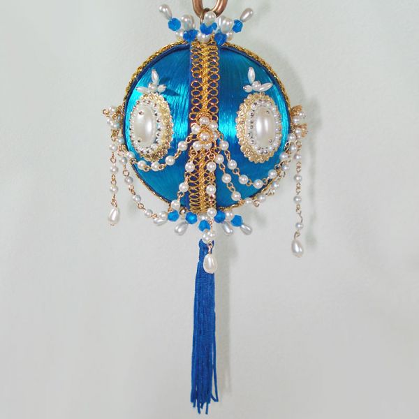 Chained Pearls On Blue Satin Pin Beaded Christmas Ornament #2