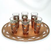 Hand Tooled Copper Over Glass Liqueur or Cordial Set on Tray