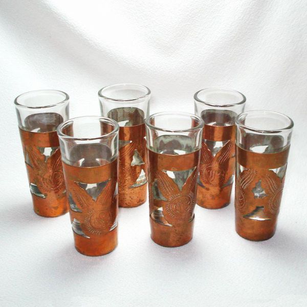 Hand Tooled Copper Over Glass Liqueur or Cordial Set on Tray #2