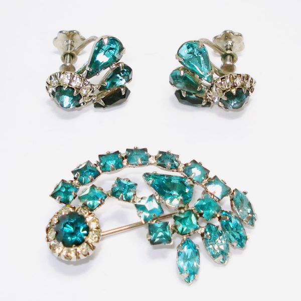 Turquoise Rhinestone Comet Shooting Star Brooch Earrings Set