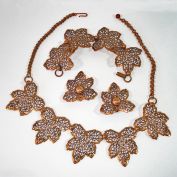 Lacy Copper Leaves Necklace Bracelet Earrings Parure