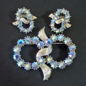 Coro Ice Blue AB Rhinestones Brooch Earrings Set