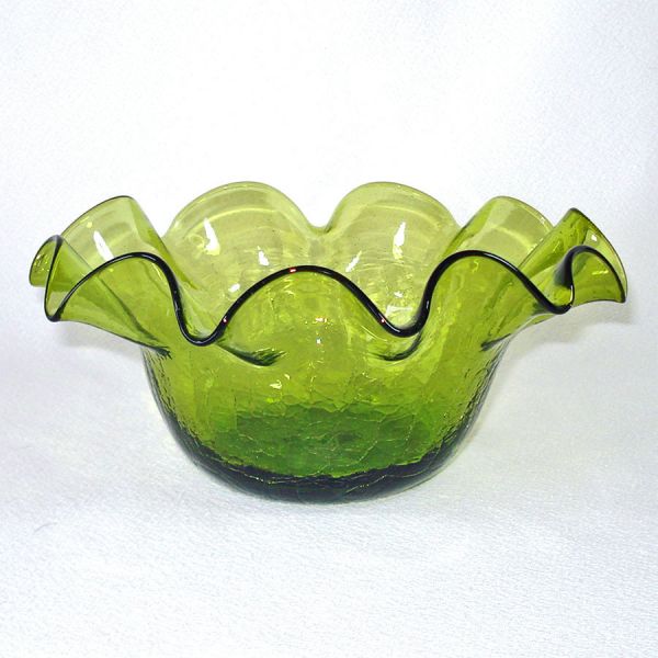 Olive Green Crackle Glass Ruffled Bowl